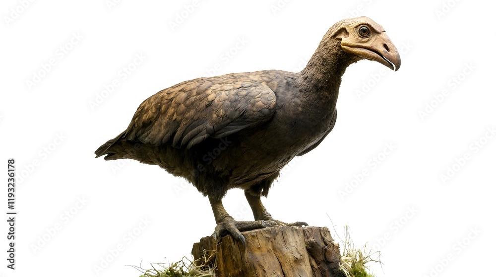 50. A dodo bird standing on a tree stump in a prehistoric setting, with a white background accentuating its presence 50. A dodo bird standing on a tree stump in a prehistoric setting, with a white background accentuating its presence