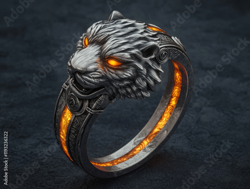 silver ring featuring fierce tiger head with glowing orange eyes, showcasing intricate fur etching and detailed craftsmanship