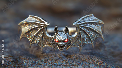 silver bat shaped ring with outstretched wings and glowing red eyes, showcasing intricate details and fierce expression photo