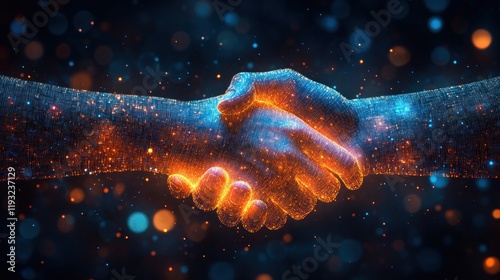 Fiery handshake, cosmic background, partnership concept