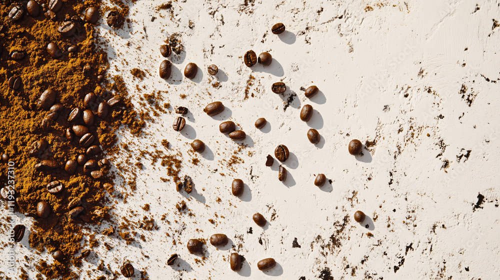 An overhead view of coffee beans and ground coffee placed side by side, emphasizing the differences in texture and form on a white surface. An overhead view of coffee beans and ground coffee placed side by side, emphasizing the differences in texture and form on a white surface.