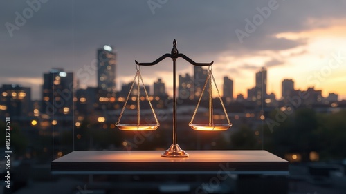 A balanced scale symbolizes justice against a city skyline at dusk, reflecting themes of law, fairness, and urban life.