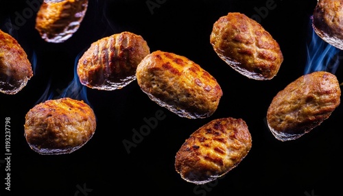 Flying screenful grilled splay meatballs in the air on a dark background