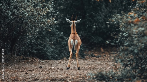 Deer rear view in forest, wildlife photography, nature scene, suitable for nature documentaries, calendars, or desktop backgrounds photo