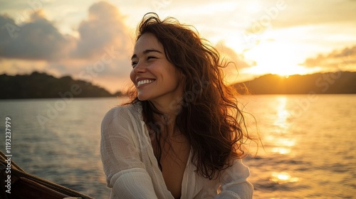 Smiling Mature Woman Enjoying Sunset Aboard Luxury Yacht in Tropical Waters