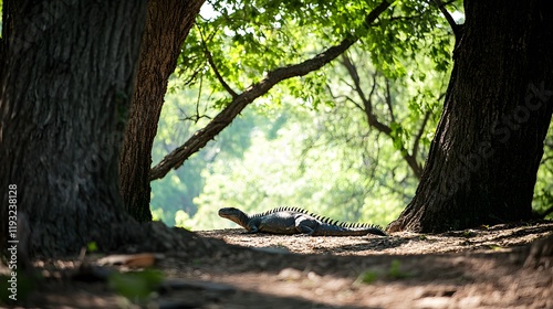 60. A dimetrodon resting in the shade of large trees, with a clear white backdrop behind it photo