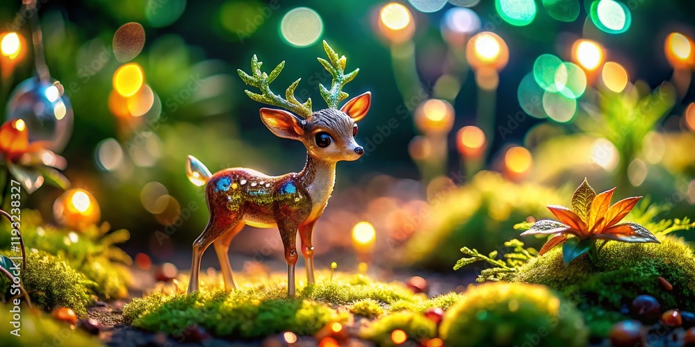 Naklejka premium Adorable Glass Fawn Figurine, Miniature Deer with Antlers, Tilt-Shift Photography