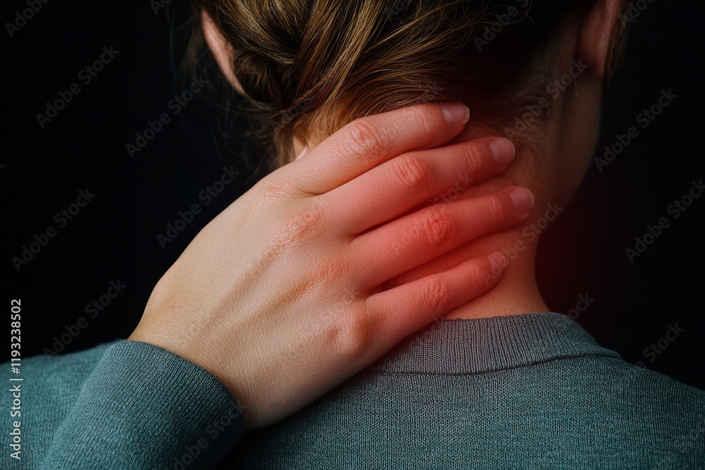 Person Suffering from Neck Pain with Hand Pressing on Back in Dimly Lit Environment Person Suffering from Neck Pain with Hand Pressing on Back in Dimly Lit Environment