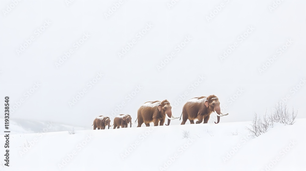 Naklejka premium 62. A woolly mammoth family walking in the snow, with a simple white backdrop