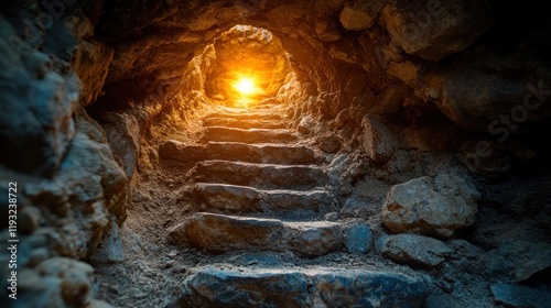 Cave stairs sunlight exit, hope, journey, rocky tunnel