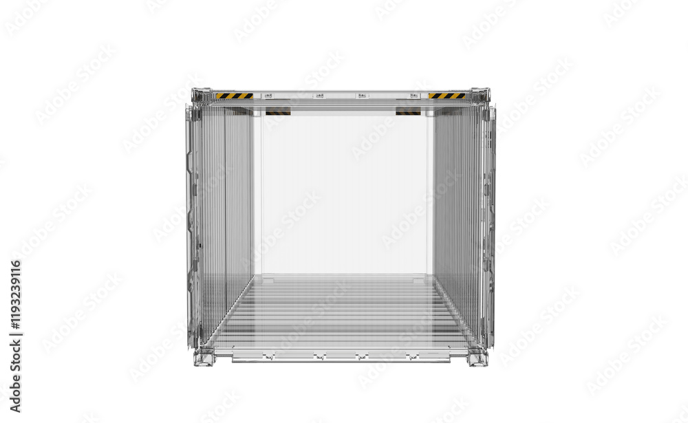 Front view of transparent cargo container with open doors. Concept for transparent delivery and safety transportation goods. Isolated on a transparent background. 3D illustration. Front view of transparent cargo container with open doors. Concept for transparent delivery and safety transportation goods. Isolated on a transparent background. 3D illustration.