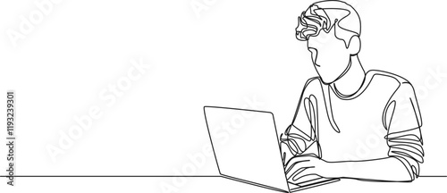 continuous line drawing of male student using laptop computer, line art vector illustration