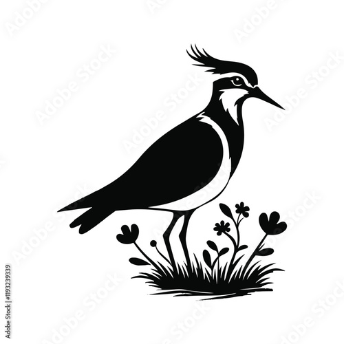 A clean and elegant lapwing silhouette rendered in a minimalist vector style, set against a crisp white background. The design captures the distinct form of the lapwing with simple.