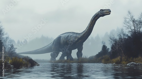 69. A majestic diplodocus crossing a prehistoric river, with a simple white backdrop