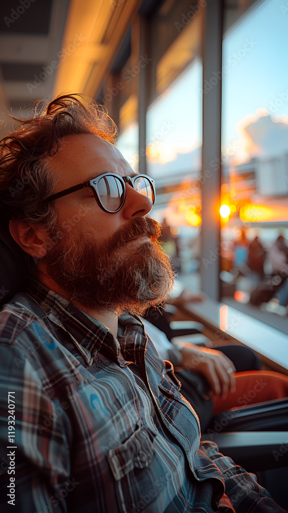 Obraz premium Exhausted traveler resting at airport gate during sunset, reflecting on journey