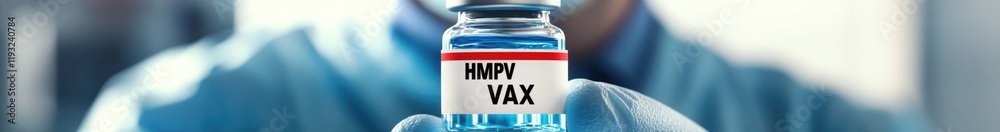 A researcher holds a vial labeled HMPV VAX in a lab setting in China in 2025, focusing on developing vaccines against metapneumovirus A researcher holds a vial labeled HMPV VAX in a lab setting in China in 2025, focusing on developing vaccines against metapneumovirus