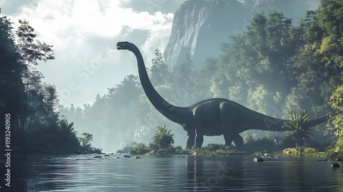 69. A majestic diplodocus crossing a prehistoric river, with a simple white backdrop