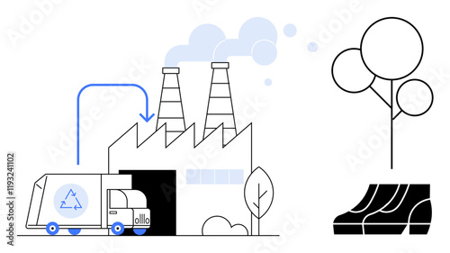 Recycling truck unloading at a waste management facility with smokestacks emitting fumes. Includes trees and a park bench. Ideal for sustainability, recycling, pollution, waste management