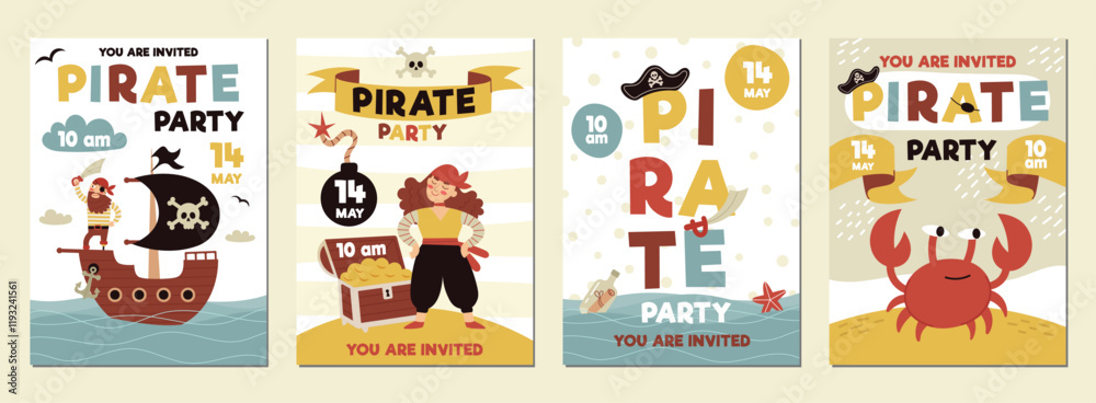 Fototapeta premium Pirate party invitation, birthday.A cards for a kids party.Pirate ship, skull, crab, treasure chest. Cartoon Flat illustrations