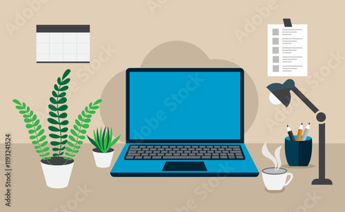 Minimal desk setup with a laptop, plants, coffee, and office essentials. Ideal for remote work or productivity themes.