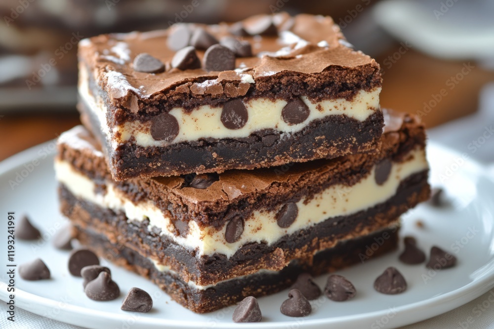 Two layers of freshly baked brownies filled with cream cheese and topped with chocolate chips Two layers of freshly baked brownies filled with cream cheese and topped with chocolate chips