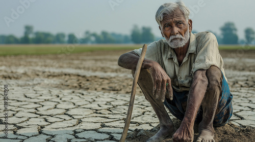 A powerful and emotional scene of an elderly farmer sitting on cracked, dry soil, symbolizing the impact of climate change, drought, and the challenges faced by rural communities worldwide