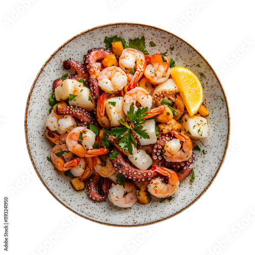 Spanish seafood salad with octopus and shrimp  isolated die cut