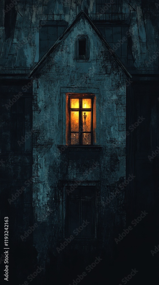 Fototapeta premium A single lit window in an old dark building at night