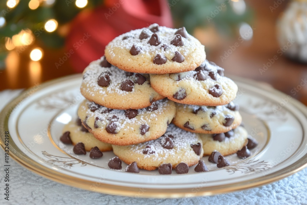 Delicious chocolate chip cookies covered in powdered sugar are stacked on an elegant plate, creating a festive treat perfect for christmas celebrations Delicious chocolate chip cookies covered in powdered sugar are stacked on an elegant plate, creating a festive treat perfect for christmas celebrations