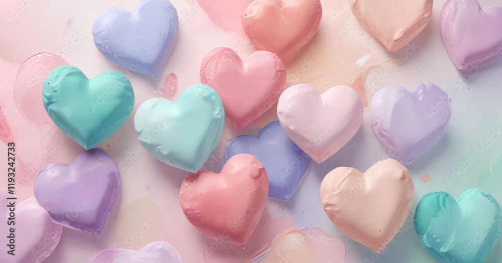 Obraz premium Abstract composition of watercolor and acrylic hearts in soft pastel shades, pattern, artistic