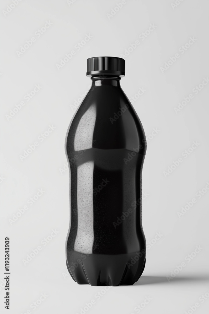 Black plastic bottle with minimalist design on neutral backdrop Black plastic bottle with minimalist design on neutral backdrop