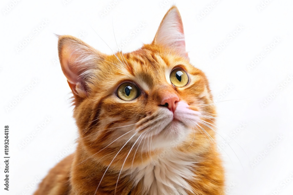 Adorable Red Cat Gazing Upward, Isolated White Background Stock Photo Adorable Red Cat Gazing Upward, Isolated White Background Stock Photo