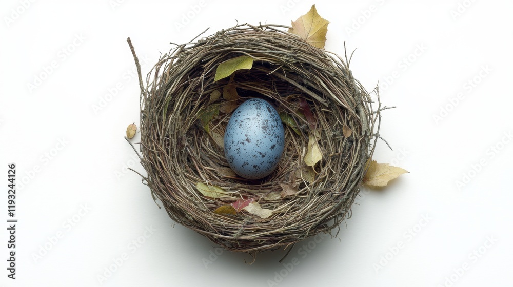 Blue Speckled Egg Nestled in a Natural Bird Nest with Leaves Blue Speckled Egg Nestled in a Natural Bird Nest with Leaves