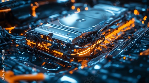 Electric car battery close-up, glowing wires, energy photo