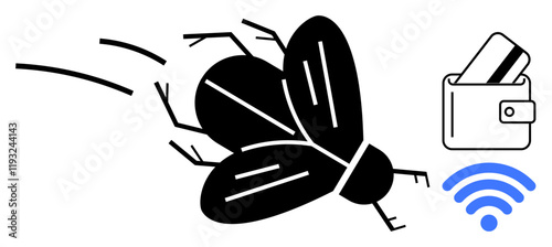 Stylized bug flying towards a wallet with a contactless card, indicating potential security threats. Ideal for finance, cybersecurity, IT, digital payments, malware, technology, and awareness