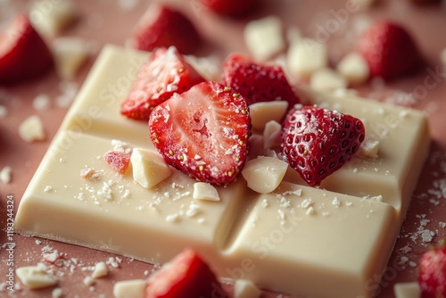 Delicious white chocolate bar topped with fresh strawberries and grated coconut, creating a sweet and indulgent treat