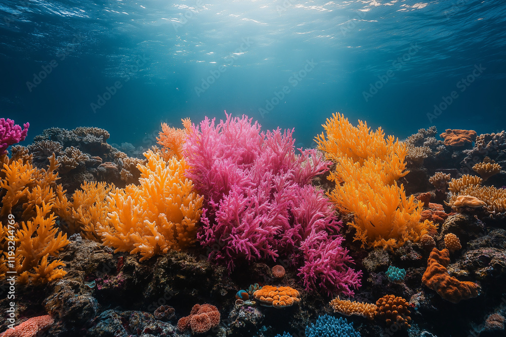 Naklejka premium Récif corallien vibrant avec créatures marines exotiques et eau cristalline