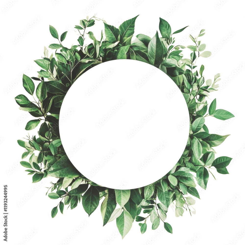 Naklejka premium A circular frame composed of various lush green leaves and branches on a black background.