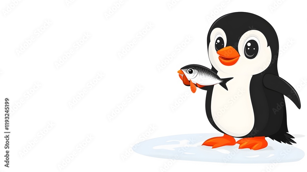 Obraz premium 21. A penguin eating a fish, standing on ice, with a white backdrop behind it