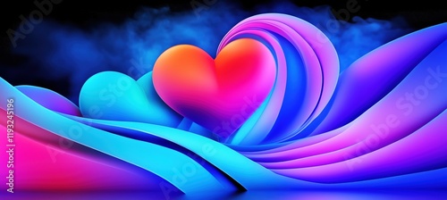 A vibrant 3D illustration of colorful Valentine heart shapes surrounded by flowing ribbons of blue, purple, and pink on a misty dark background. Perfect for Valentine's Day, love, and romance-themed v