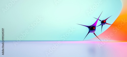 A futuristic abstract composition with spiked, organic shapes in vibrant purple and orange hues, set against a smooth pastel gradient background. Minimalist design with ample copy space.