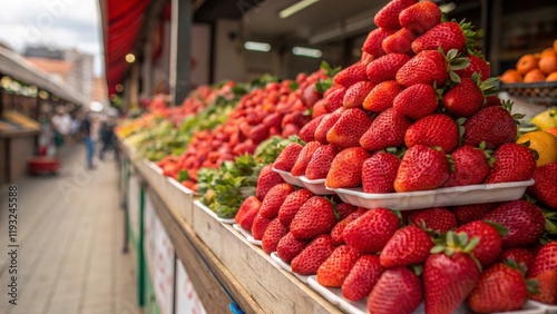 Ripe red strawberries are displayed in a pyramid shape, attracting customers at a vibrant outdoor market