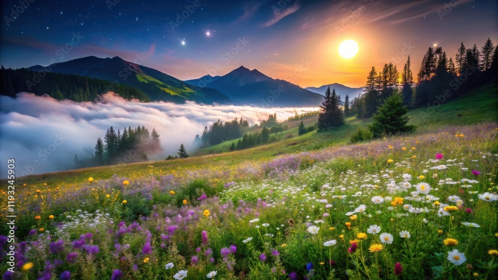 Obraz premium Serene Sunrise Over a Mountain Meadow with Blooming Wildflowers and Misty Valley