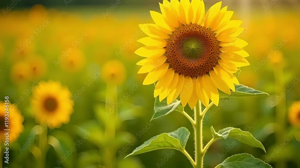 A single sunflower stands tall in a field. The camera stays fixed as the flower sways slightly in the soft summer breeze, with its bright yellow petals catching the sunlight A single sunflower stands tall in a field. The camera stays fixed as the flower sways slightly in the soft summer breeze, with its bright yellow petals catching the sunlight