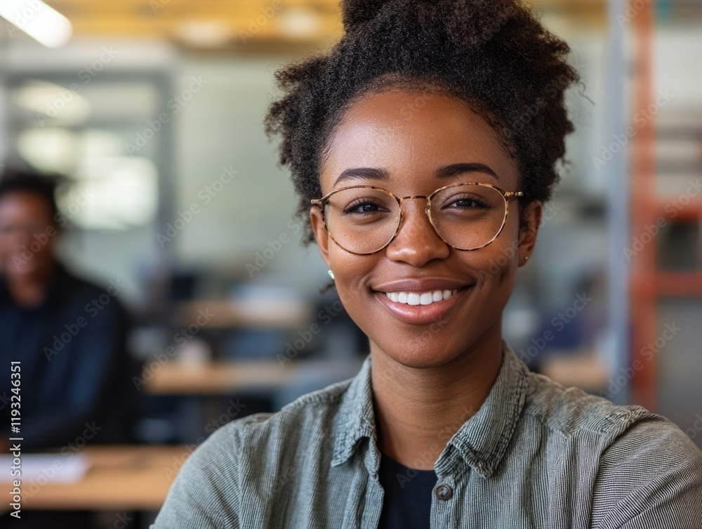 Smiling Woman with Glasses in Office Setting Smiling Woman with Glasses in Office Setting