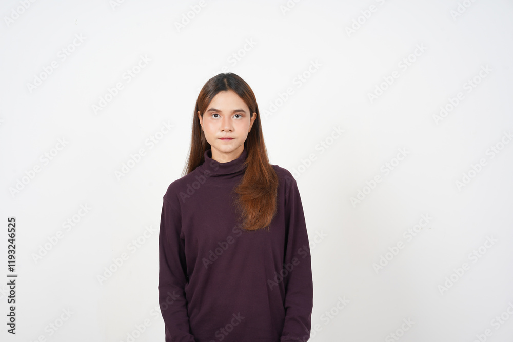 Looking at camera with serious natural face Of Beautiful Asian Woman Isolated On White Background Looking at camera with serious natural face Of Beautiful Asian Woman Isolated On White Background