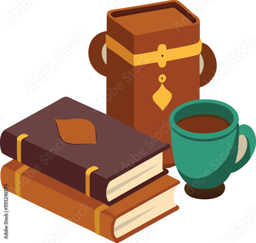 Books, Coffee Mug, and Leather Bag Illustration