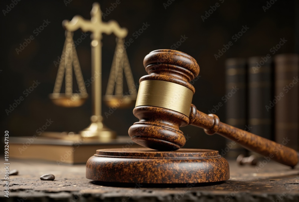 Wooden gavel resting on sound block with scales of justice in background Wooden gavel resting on sound block with scales of justice in background