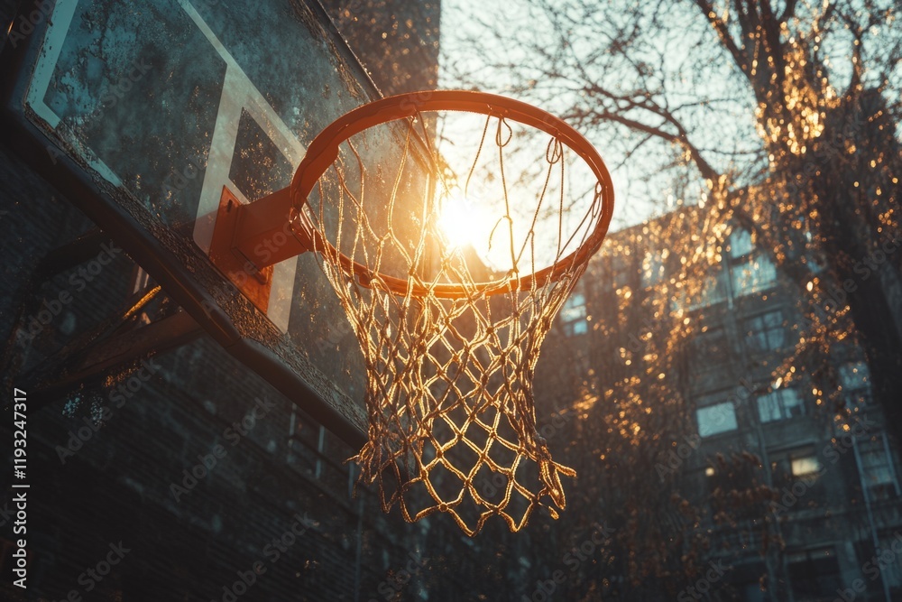 Basketball hoop with sun shining through net on outdoor court, creating warm and inspiring atmosphere Basketball hoop with sun shining through net on outdoor court, creating warm and inspiring atmosphere