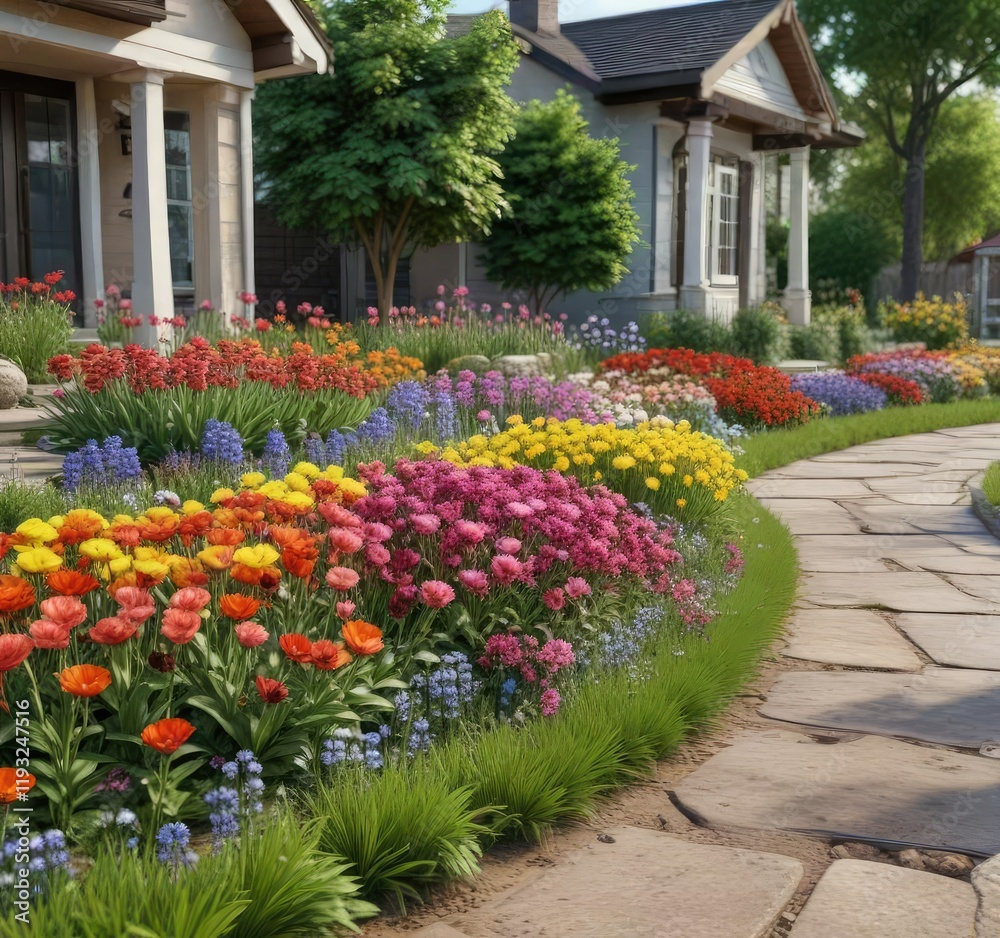 A well-maintained front yard with a blooming garden and colorful flowers in the ground, lawn, tree branches A well-maintained front yard with a blooming garden and colorful flowers in the ground, lawn, tree branches